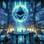 Símbolo de Ethereum en medio de una sala llena de computadoras.