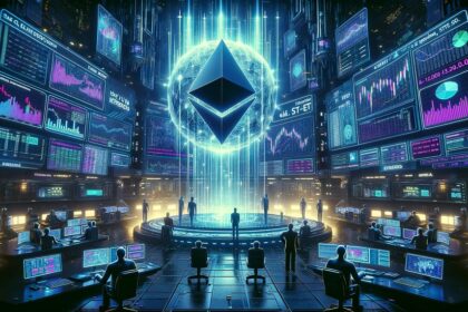 Símbolo de Ethereum en medio de una sala llena de computadoras.